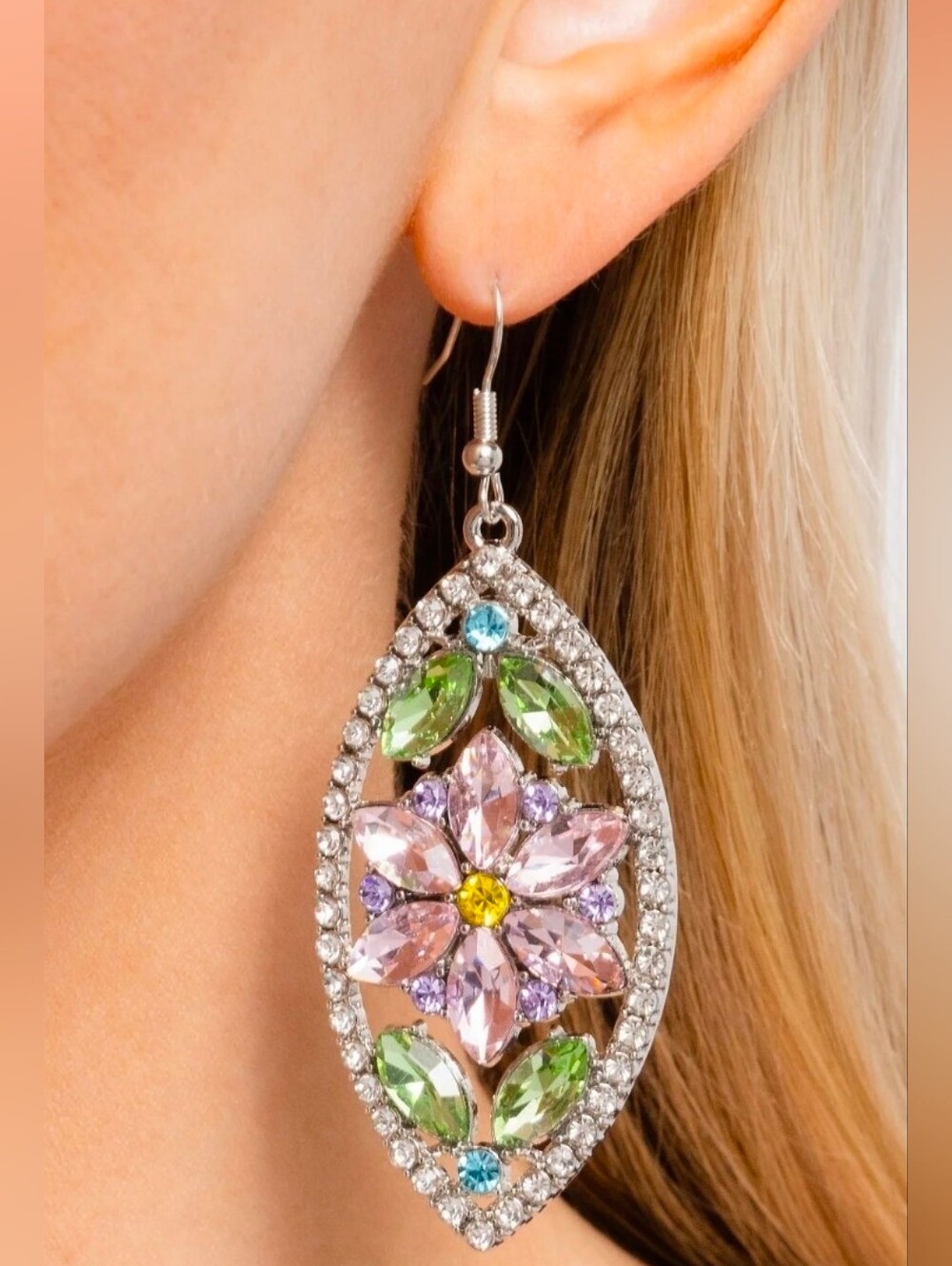 NEW Floral Pavé Crystal Drop Earrings - Pink & Green #0355